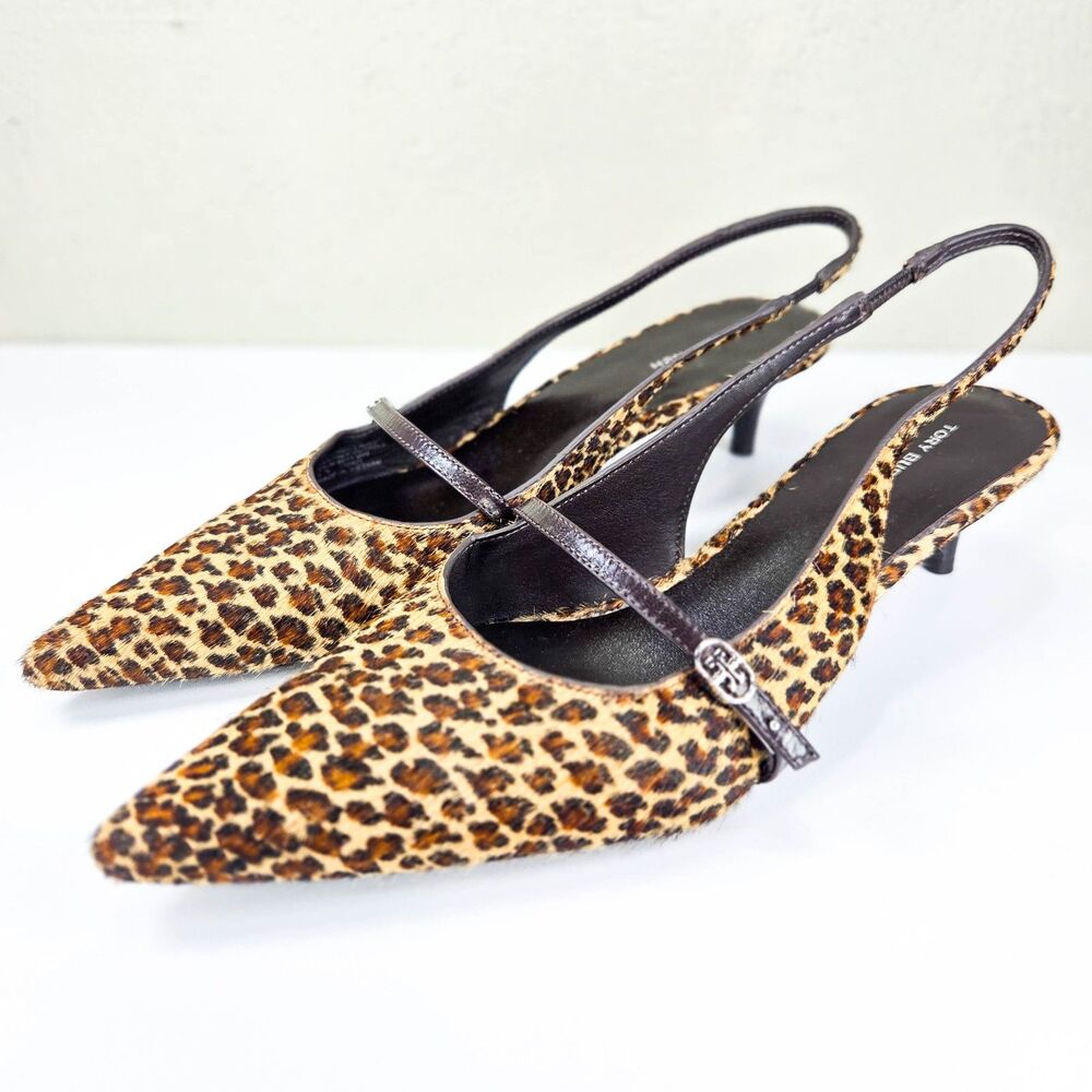 Tory Burch Leopard Calf Hair Slingback Kitten Heel Pumps Womens Sz 8.5